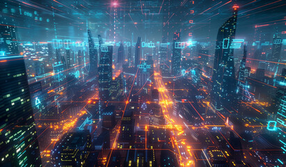 Fototapeta premium Futuristic cityscape with digital connections and data flow lines, illuminated in the style of neon lights at night