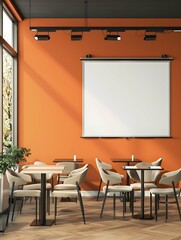 Modern cafe interior with tables, chairs and a large blank poster on an orange wall, under natural light, concept of advertising space. 3D Rendering