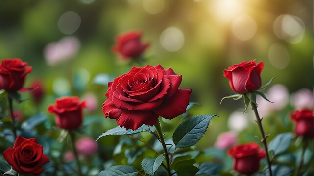 blurry, bokeh, red rose flowers in the garden