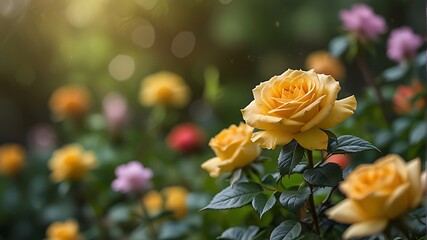 blurry, bokeh, yellow rose flowers in the garden