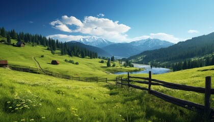 A stunning spring day landscaping views of fertile land surrounded beautiful green vegetation, wide stretches of hills and mountains with clear skies in spring