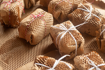 Eco friendly honeycomb wrapping paper for packaging, sustainable gifts wrapping.