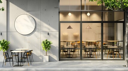 Modern cafe exterior with large windows, light interior decor, and blank round billboard sign, sunny day. Cafe mockup 