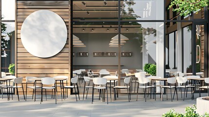 Modern cafe exterior with large windows, light interior decor, and blank round billboard sign, sunny day. Cafe mockup 