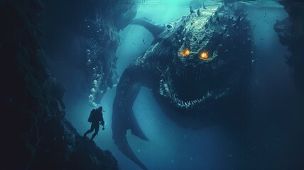 A diver encounters a massive bioluminescent sea monster with glowing eyes in the deep, dark ocean depths.