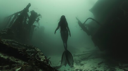 A mermaid swims through a dark underwater ship graveyard, evoking a sense of mystery and enchantment in the ocean depths.