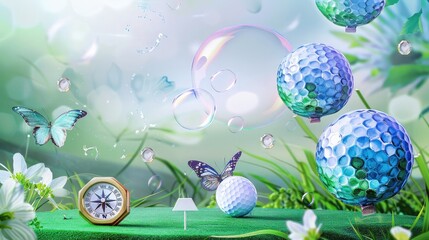 Golfing arena with pristine greens, sport motifs, a swing butterfly, fairway navigator, and leisure balloons.