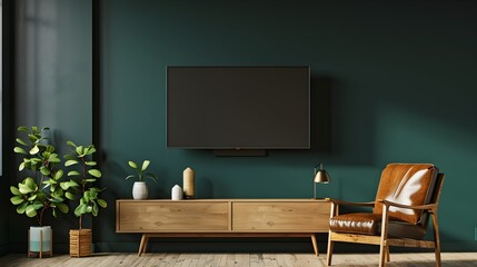 Mockup a TV wall mounted with leather armchair in pastel tone dark green color wall- 3D rendering