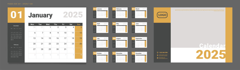 Set of 2025 Calendar Planner Template Pages Monthly, Cover with Place for Photo and Company Logo. Vector layout of a wall or desk calendar with week start Monday for printing. Page size A4-21x29.7cm