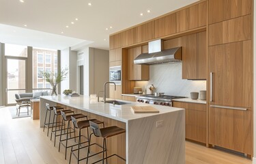 Fototapeta premium A contemporary home kitchen featuring cabinets made of hickory.