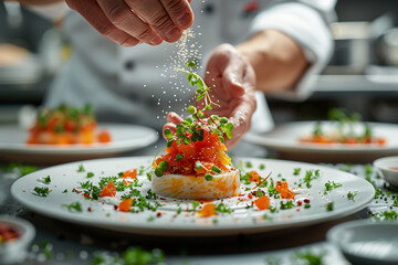 Chef expertly sprinkling spices over a gourmet dish.