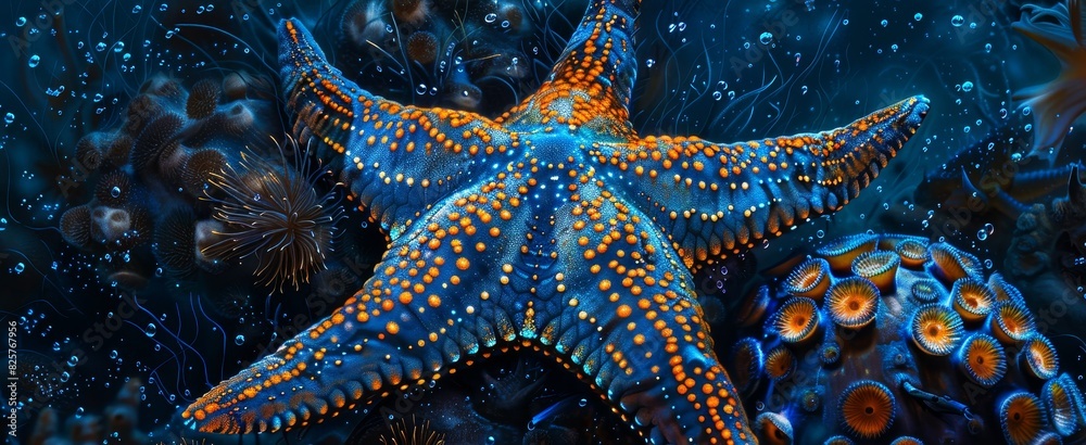 Wall mural A bright blue starfish adorned with orange spots, lying on the ocean floor amidst colorful marine life and coral.