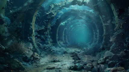 Mysterious underwater tunnel teeming with marine life, featuring coral and fish illuminated by soft sunlight filtering through the water.