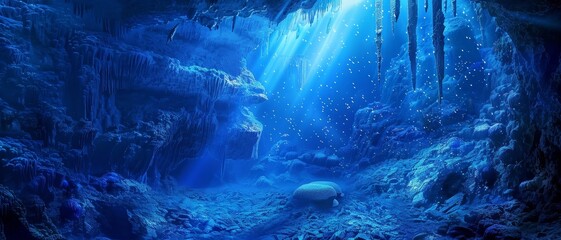 Breathtaking underwater cave illuminated by sunlight, with schools of fish swimming amidst the rocky formations and vibrant coral.