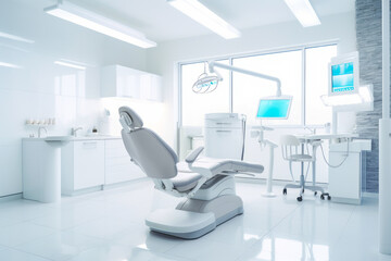 Dental office with chair and laptop on the desk.