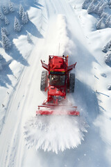 Red tractor plowing snow in snowy field with trees.