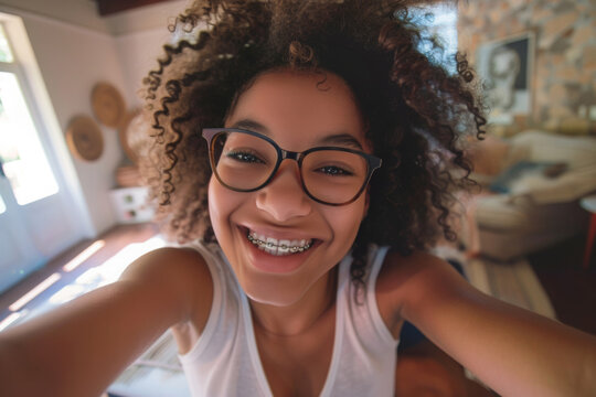 Realistic phone selfie made by an african american girl wearing glasses and braces, at her room without filters