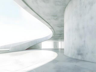 Cinematic Minimalist Concrete Architecture with Open Courtyard and Curved Walls for Museum or Gallery Display Showroom