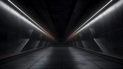 Dark Futuristic Underground Tunnel with Bright LED Lights and Geometric Architectural Perspective