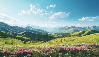 A stunning spring day landscaping views of fertile land surrounded beautiful green vegetation, wide stretches of hills and mountains with clear skies in spring