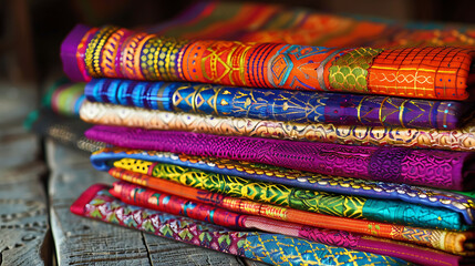 A stack of vibrant cloth placemats with intricate patterns, adding a touch of elegance to the dining table
