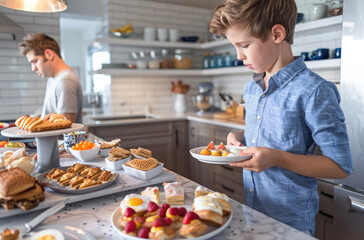 A boy is standing at the breakfast bar, holding his plate and carefully picking an egg from one of the many plates on display.