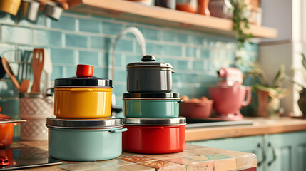 A stack of vintage-inspired metal canisters with colorful lids, adding a retro vibe to the kitchen decor