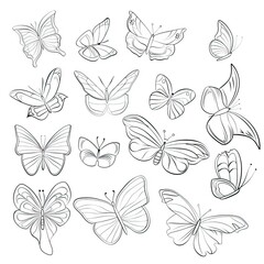 Butterfly continuous line drawing elements set isolated on white background, butterflies design, butterfly drawing