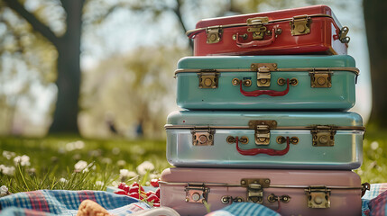 A stack of vintage-inspired metal lunch boxes, each one packed with homemade treats for a picnic in the park - Powered by Adobe