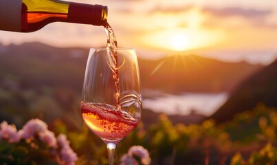 Person Pouring Wine into Glass with Beautiful Background
