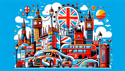A lively and colorful illustration of London, featuring iconic landmarks like Big Ben, the London Eye, red double-decker buses, and traditional phone booths