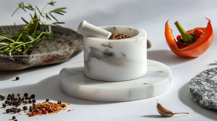 A stylish marble mortar and pestle set, perfect for grinding fresh herbs and spices with precision