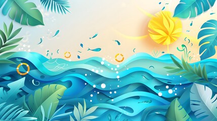 Summer background and banner with water, splash and waves in vector abstract shape. 