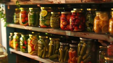 A vintage-inspired glass jar filled with homemade pickles, their vibrant colors adding flair to the pantry shelves