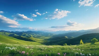 Obraz premium A stunning spring day landscaping views of fertile land surrounded beautiful green vegetation, wide stretches of hills and mountains with clear skies in spring