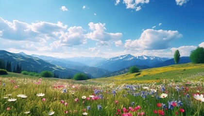 Obraz premium A stunning spring day landscaping views of fertile land surrounded beautiful green vegetation, wide stretches of hills and mountains with clear skies in spring