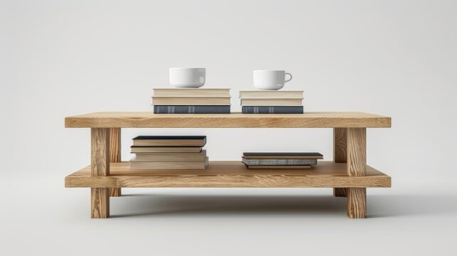 A wooden coffee table with two white cups on top of books. The table has two levels. On the bottom level are more books and a notebook.