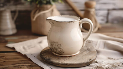 A vintage-inspired milk pitcher filled with creamy milk, ready to be poured over a bowl of cereal or into coffee