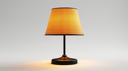 Photo of a table lamp with a brown lampshade. The lamp is turned on and is emitting a warm light. The lamp is sitting on a white table. The background is a soft grey.