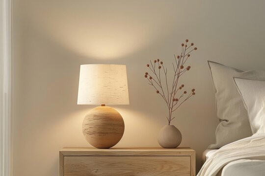Create a photorealistic still life image of a wooden table lamp with a beige lampshade sitting on a wooden nightstand next to a vase with decorative plants in it