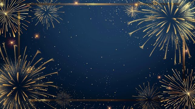 Dark blue invitation card featuring an intricate golden frame, brilliant fireworks illuminating the design, perfect for festive celebrations