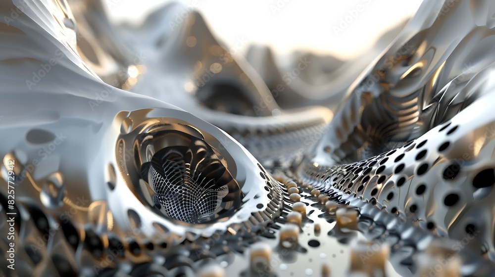 Fototapete 3d rendering of a detailed and complex organic structure with a metallic sheen.