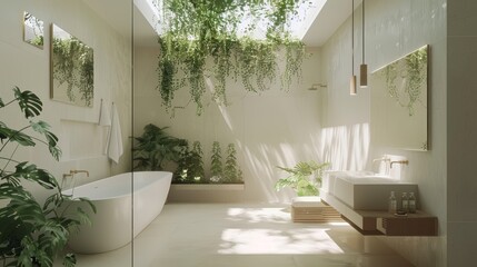Contemporary bathroom with hanging plants, light pouring in from a skylight, clean lines and open space