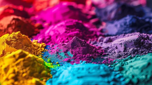 Close-up shot of dynamic powder coat pigments, presenting an electrifying assortment of vibrant colors, each hue glowing with intensity