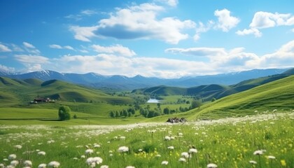 A stunning spring day landscaping views of fertile land surrounded beautiful green vegetation, wide stretches of hills and mountains with clear skies in spring