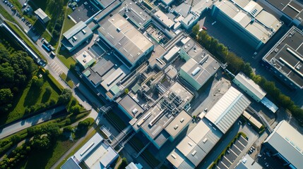 Capture the aerial perspective of a large semiconductor manufacturing facility