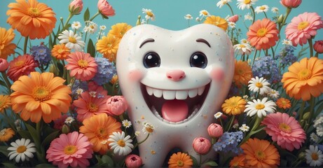 Illustration of a happy tooth character surrounded by flowers, symbolizing love and care for mothers.