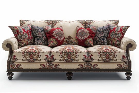 Generate a photo of couch with the following attributes:.Style: Victorian.Color: red and gold.Material: fabric