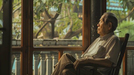 Elderly Asian man sitting in solitude, reflecting on life with the burden of Alzheimer's disease and the complexities of mental health in older age