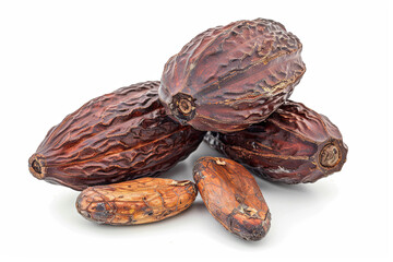 Dried cocoa beans and pod isolated on white background